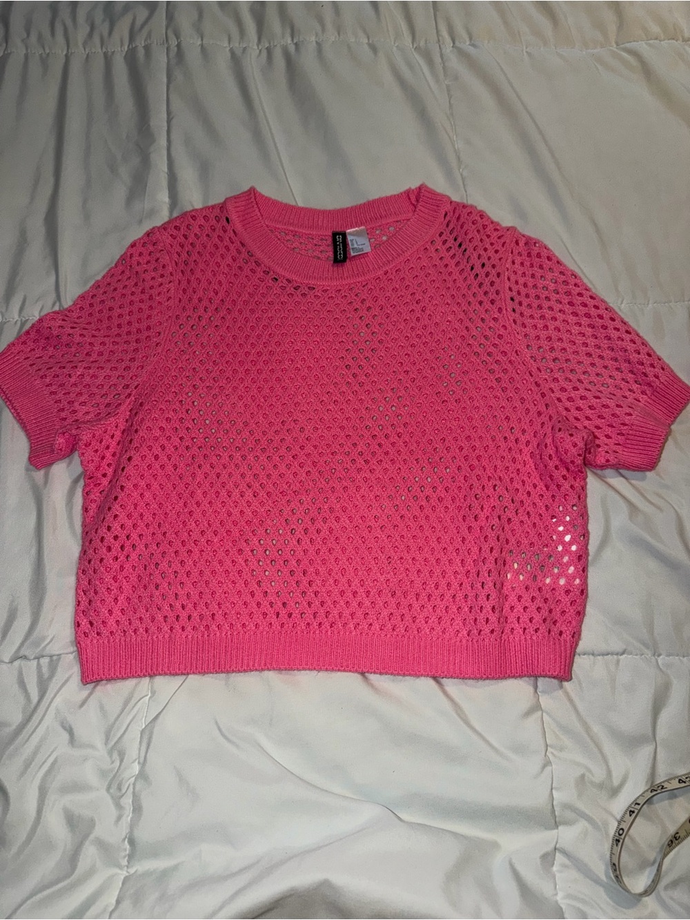 H&M Hot Pink Cropped Open-Knit Short Sleeve Top